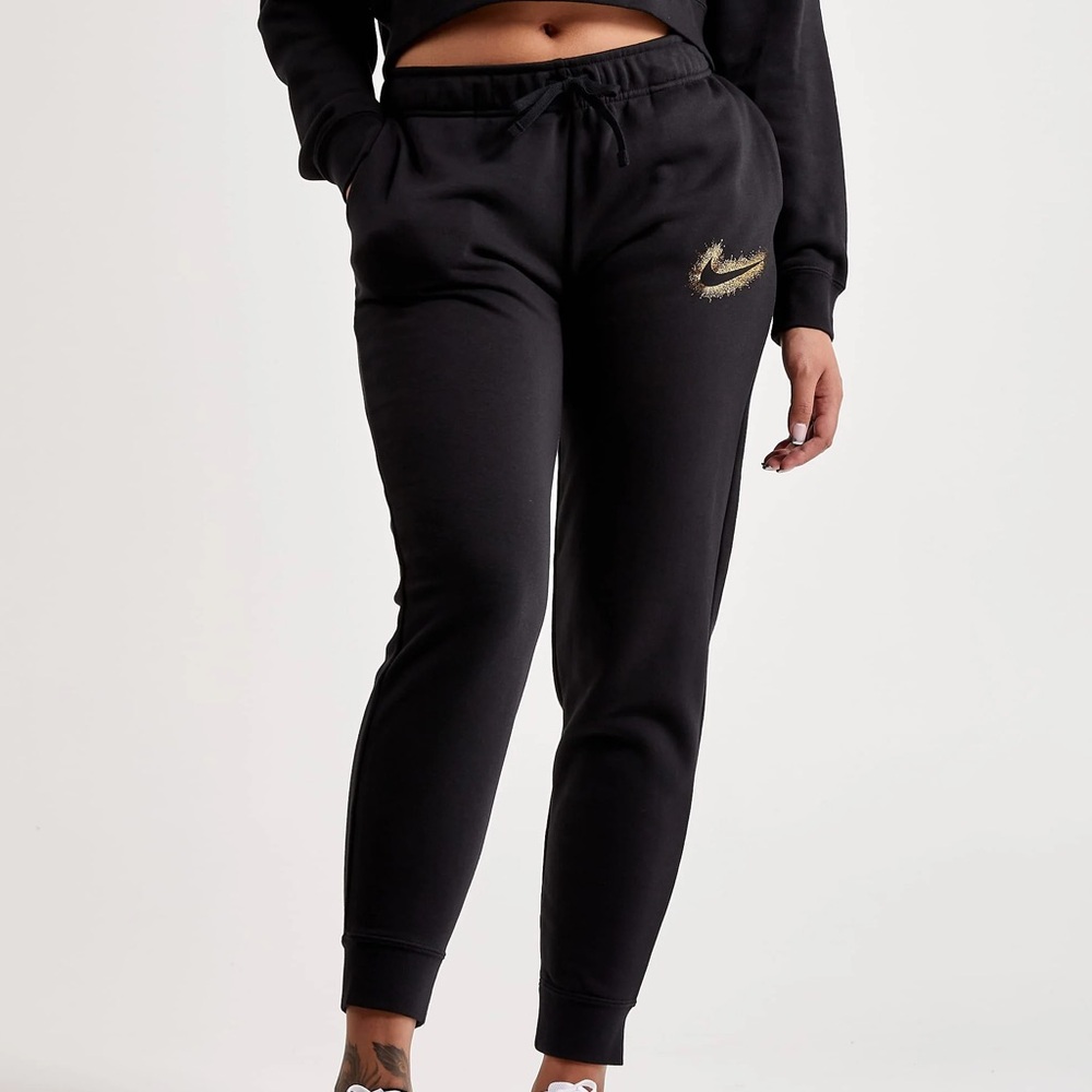 Nike Fleece Jogger Sweatpants Women’s Medium Black Gold Logo Athletic Pants